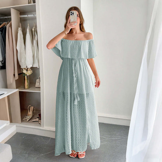 European And American Leisure Simple Style Off-the-shoulder Semi-transparent Slim Fit Dress $56.50 Dana Fashion Color: Gray Green Size: L Women's clothing Product information: Pattern: solid color Skirt type: A- line skirt Color: gray green Waist type: el