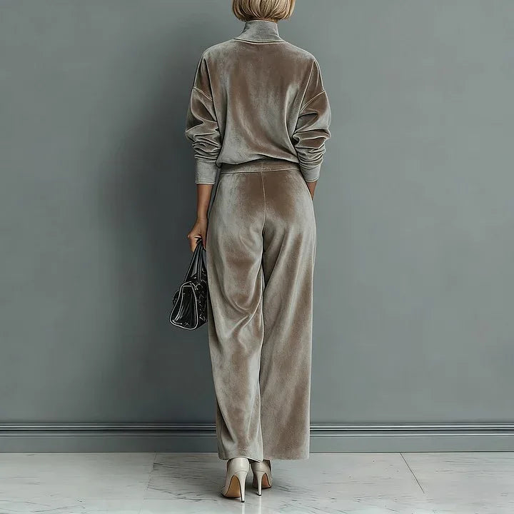 Casual Warm Velour Long-sleeved Solid Color High-neck Zipper Wide-leg Sportswear - DanaFashionstore