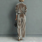 Casual Warm Velour Long-sleeved Solid Color High-neck Zipper Wide-leg Sportswear - DanaFashionstore