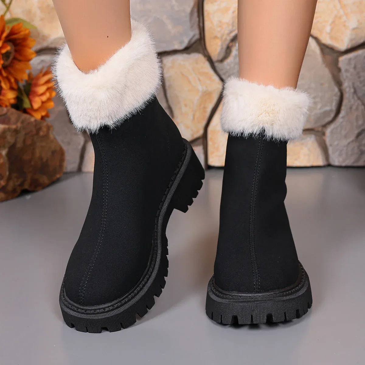 Square-heeled Snow Boots Winter Plus Velvet Platform Plush Shoes Fashion Warm Non-slip Mid-calf Boot For Women - DanaFashionstore