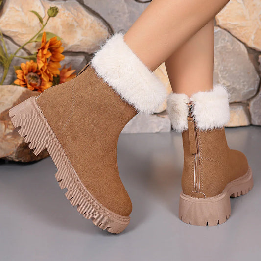 Square-heeled Snow Boots Winter Plus Velvet Platform Plush Shoes Fashion Warm Non-slip Mid-calf Boot For Women - DanaFashionstore
