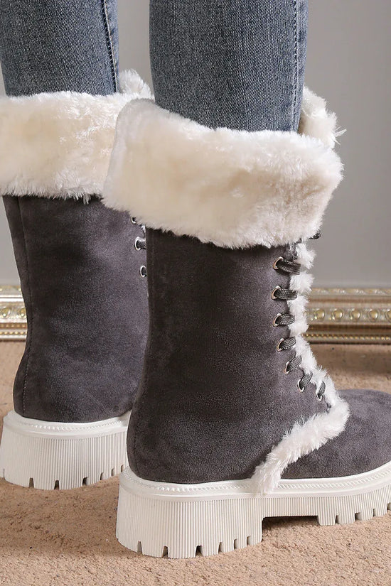 Winter Lace-up Snow Boots For Women Mid-tube Fleece Shoes Warm Chunky Heels Plush Boot - DanaFashionstore