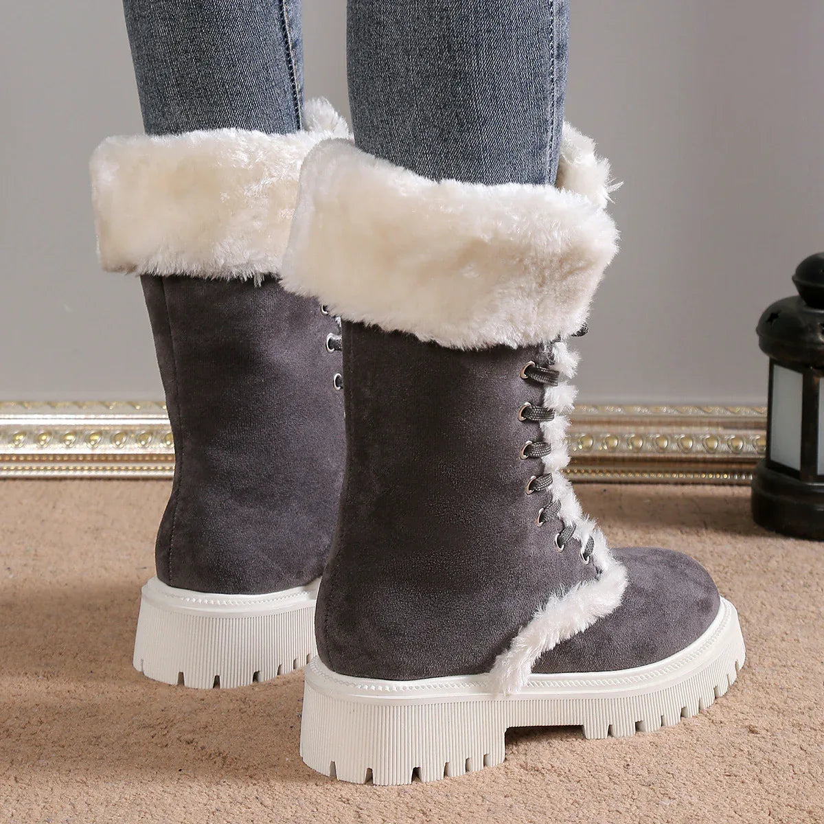 Winter Lace-up Snow Boots For Women Mid-tube Fleece Shoes Warm Chunky Heels Plush Boot - DanaFashionstore