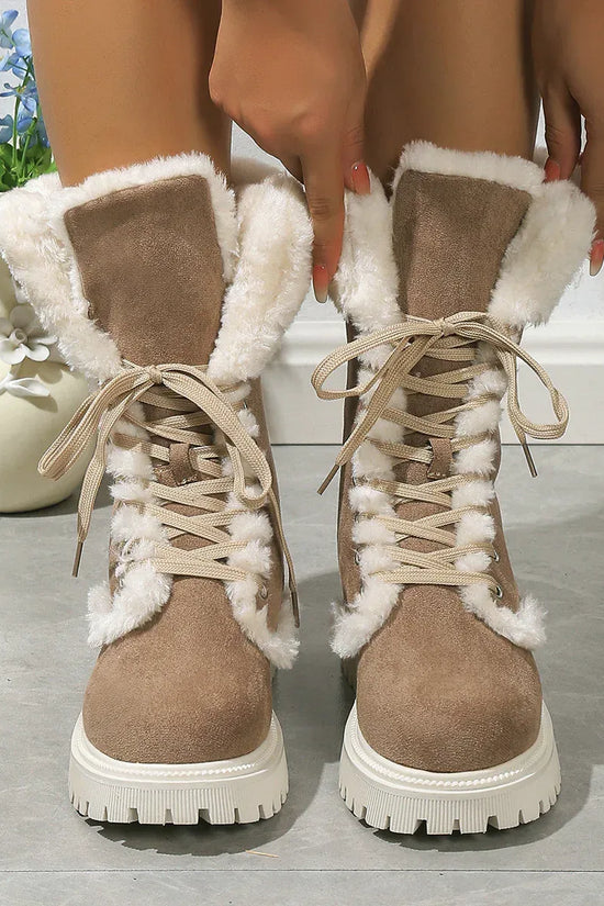 Winter Lace-up Snow Boots For Women Mid-tube Fleece Shoes Warm Chunky Heels Plush Boot - DanaFashionstore