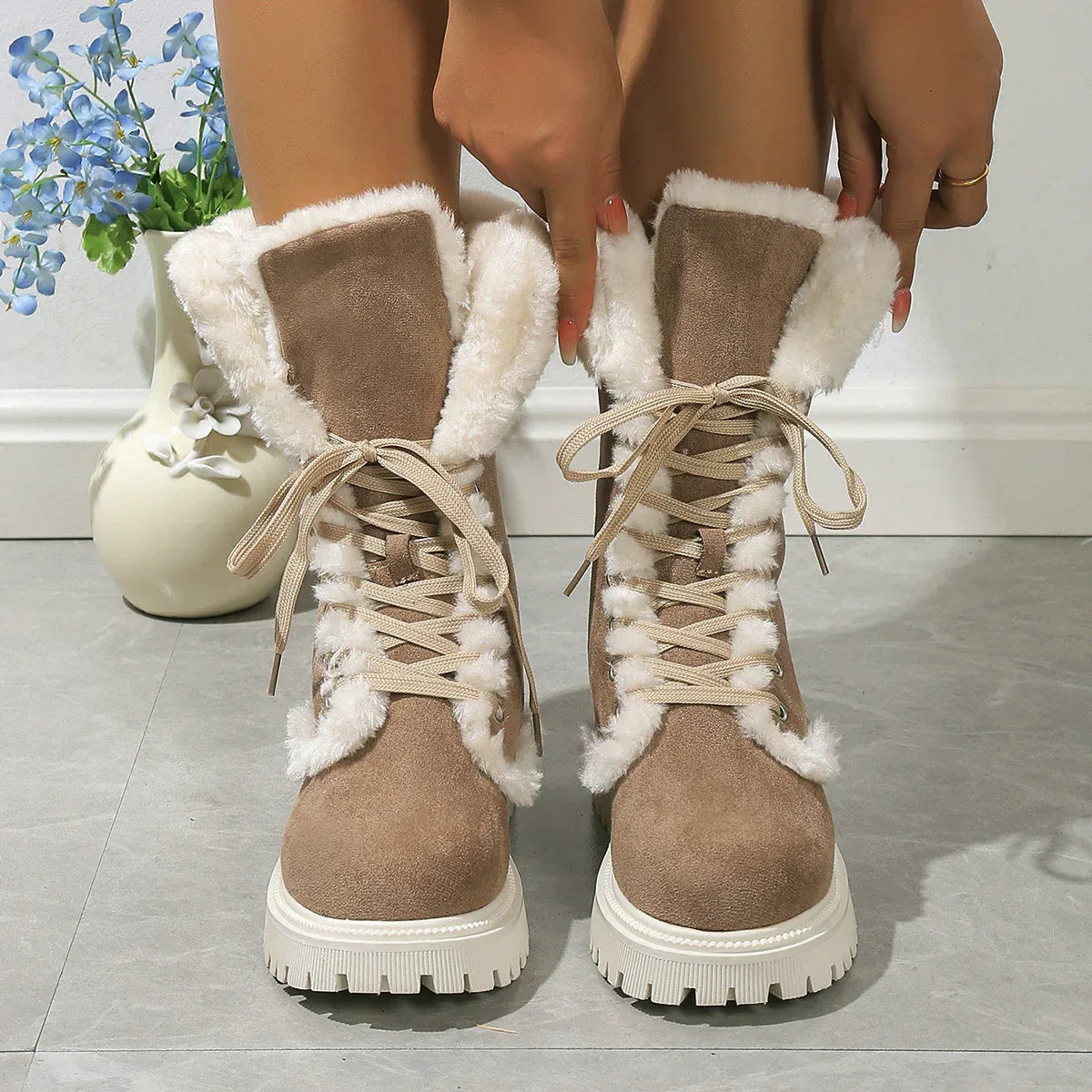 Winter Lace-up Snow Boots For Women Mid-tube Fleece Shoes Warm Chunky Heels Plush Boot - DanaFashionstore