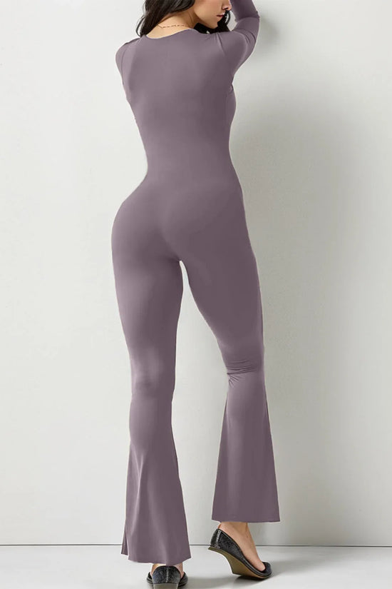 Women Long Sleeve Belly Waist Shaping And Hip Lift Square Collar Wide Leg High Elastic Jumpsuit - DanaFashionstore