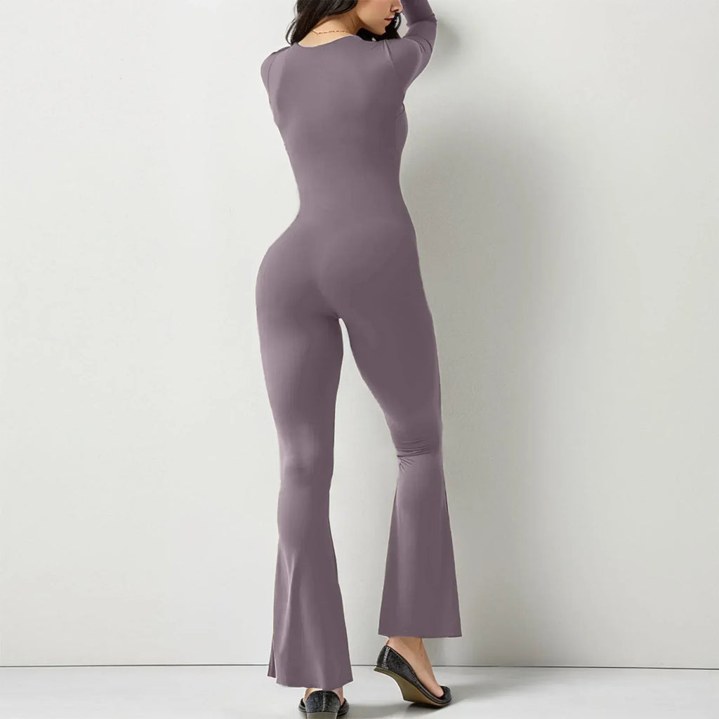 Women Long Sleeve Belly Waist Shaping And Hip Lift Square Collar Wide Leg High Elastic Jumpsuit - DanaFashionstore