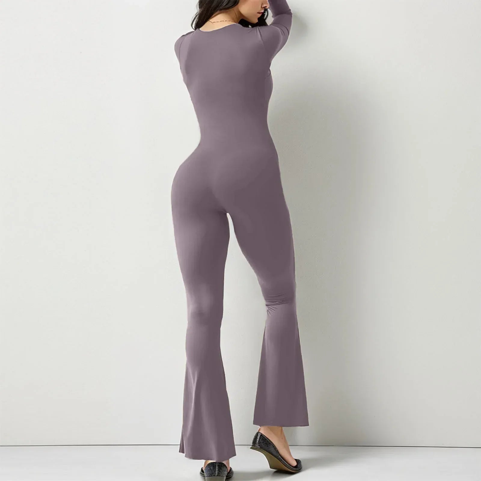 Women Long Sleeve Belly Waist Shaping And Hip Lift Square Collar Wide Leg High Elastic Jumpsuit - DanaFashionstore