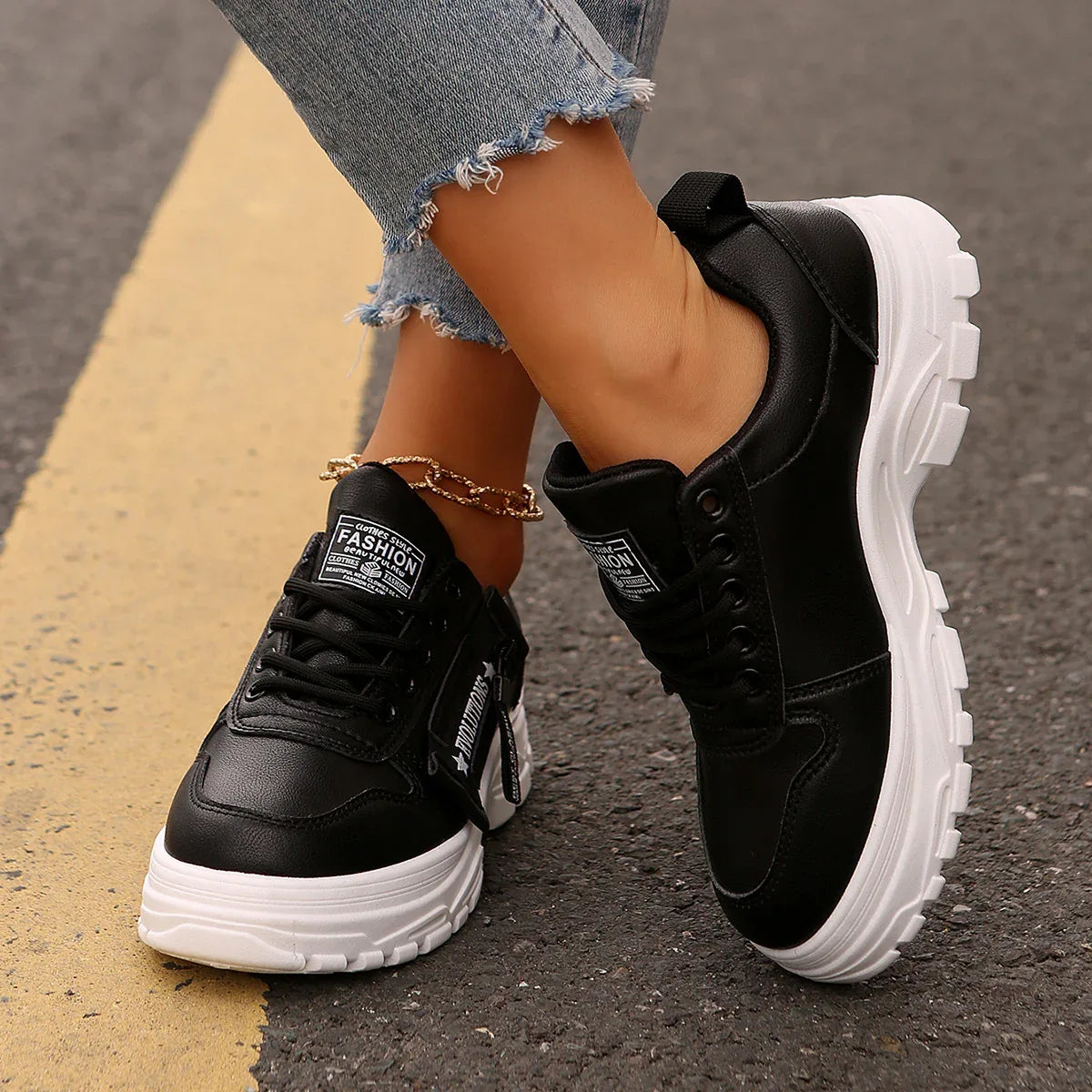 Lace-up Sports Shoes With Side-Zipper Design Fashion Thick-soled Round-toe Casual Shoes For Women Sneakers - DanaFashionstore