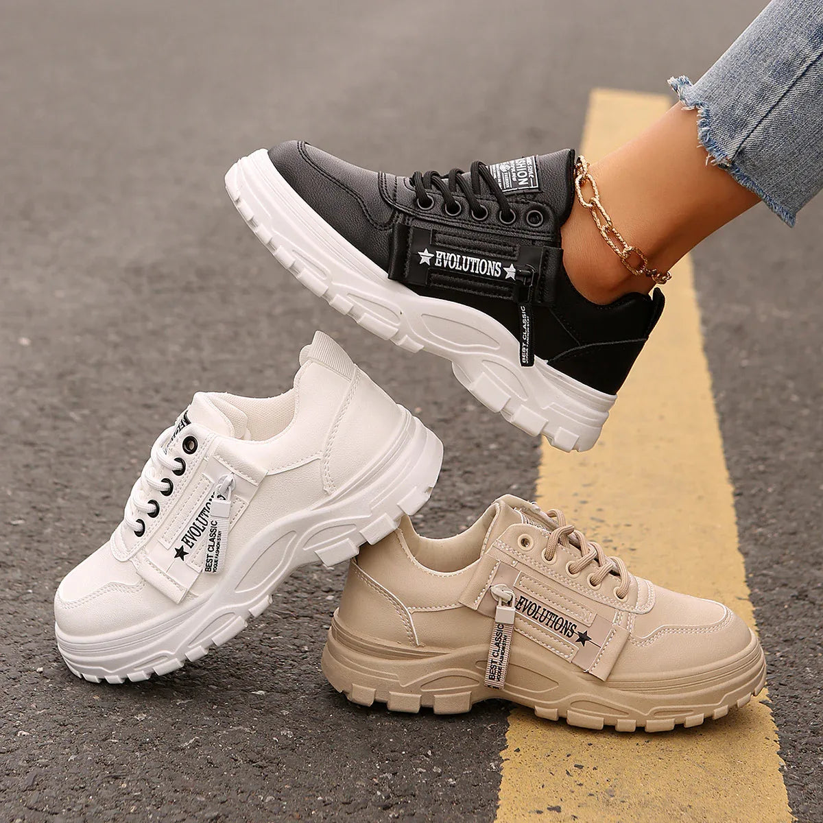 Lace-up Sports Shoes With Side-Zipper Design Fashion Thick-soled Round-toe Casual Shoes For Women Sneakers - DanaFashionstore