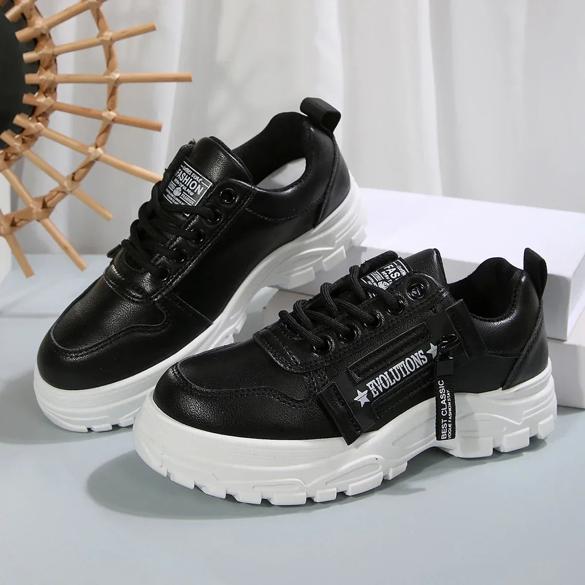 Lace-up Sports Shoes With Side-Zipper Design Fashion Thick-soled Round-toe Casual Shoes For Women Sneakers - DanaFashionstore