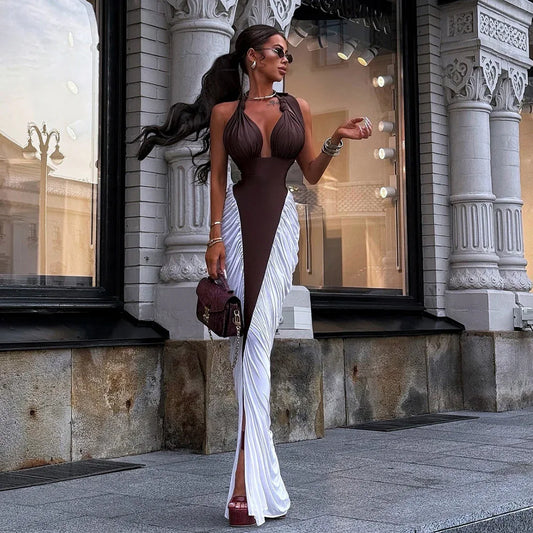 Autumn And Winter New Color Contrast Patchwork Halter Lace-up Dress - DanaFashionstore