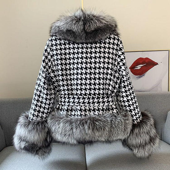 Fur Coat Women's Short Houndstooth Fur Collar Silver Fox Fur Jacket - DanaFashionstore