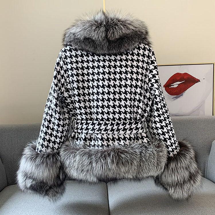Fur Coat Women's Short Houndstooth Fur Collar Silver Fox Fur Jacket - DanaFashionstore