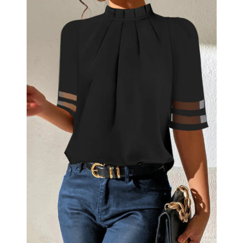 Pure Black Pleated Small Turtleneck Fashion Top
