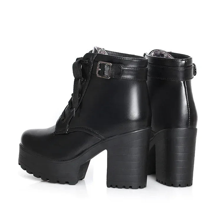 Sponge cake chunky heel plus size lace-up Martin boots - DanaFashionstore
