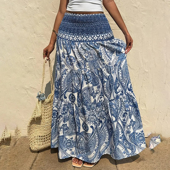 Women's Boho Floral Print Maxi Skirt - Elastic Waist A-Line Long Skirt For Spring&Summer Casual Beach Skirt - Dana Fashion