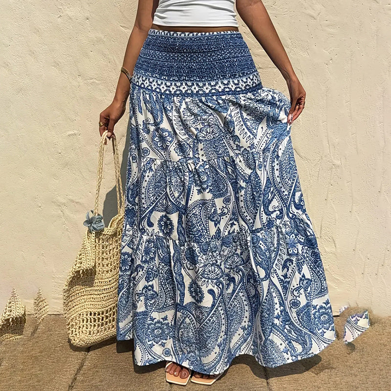 Women's Boho Floral Print Maxi Skirt - Elastic Waist A-Line Long Skirt For Spring&Summer Casual Beach Skirt - Dana Fashion