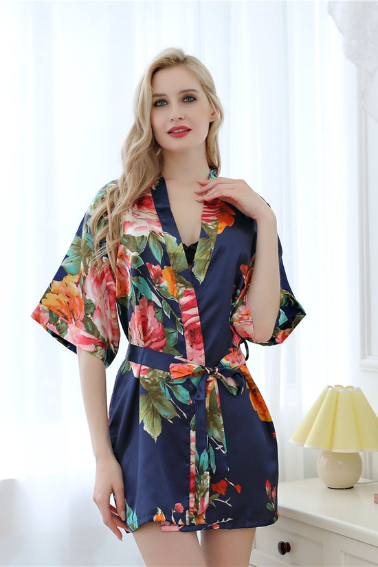 Hand-painted peony simulation silk nightgown - Dana Fashion