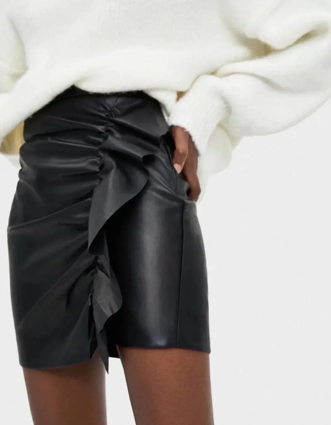Women's Ruffle Trim Artificial Hip Leather Skirt - DanaFashionstore