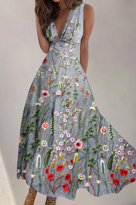 Women's Digital Printing Fashion V-neck Swing Long Dress