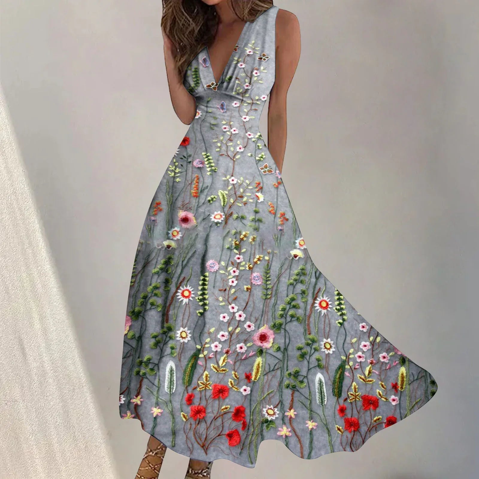 Digital Print V-Neck Swing Dress 2026 - Fashion Long Dress - DanaFashionstore