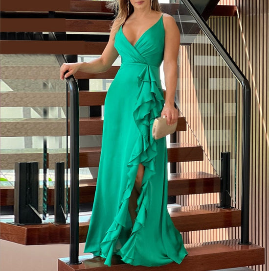 European And American Women's Clothing Summer New V-neck Brace High Waist Ruffles Irregular Slit Dress