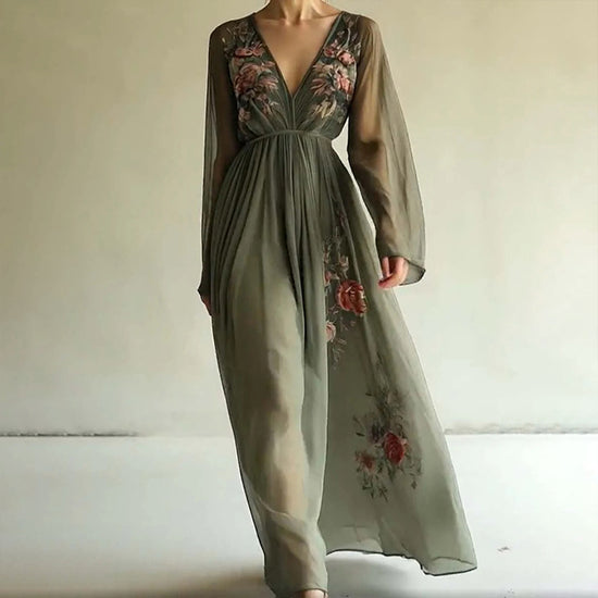 Women's Elegant V-Neck Green Floral Print A-Line Maxi Semi-Sheer Long Sleeve Spring&Summer Dress - Dana Fashion