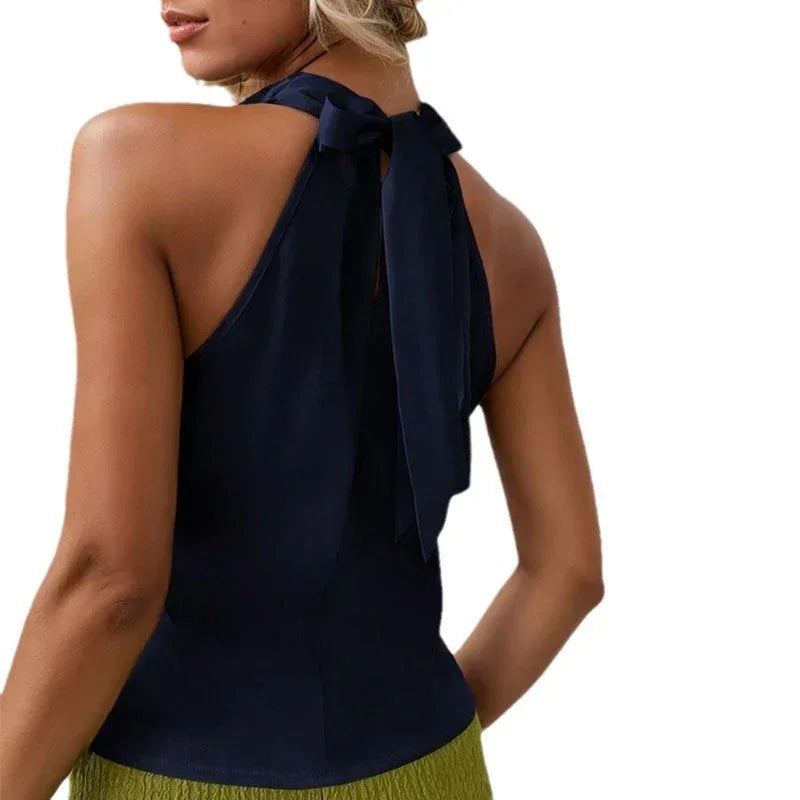 Women Solid Color Swing Collar Sleeveless Vest Trendy Elegant Shirt With Halter Neckline Backless Short Sleeve Tops Tshirts - DanaFashionstore