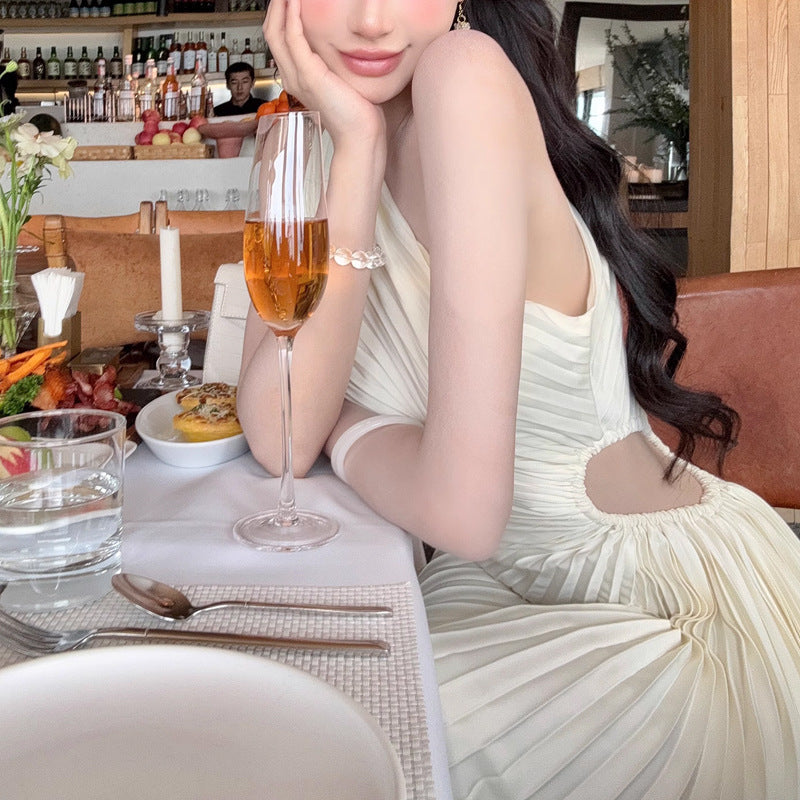 Spring Slant-Shoulder Defined-Waist Chiffon Elegant French-Style Dress For Women