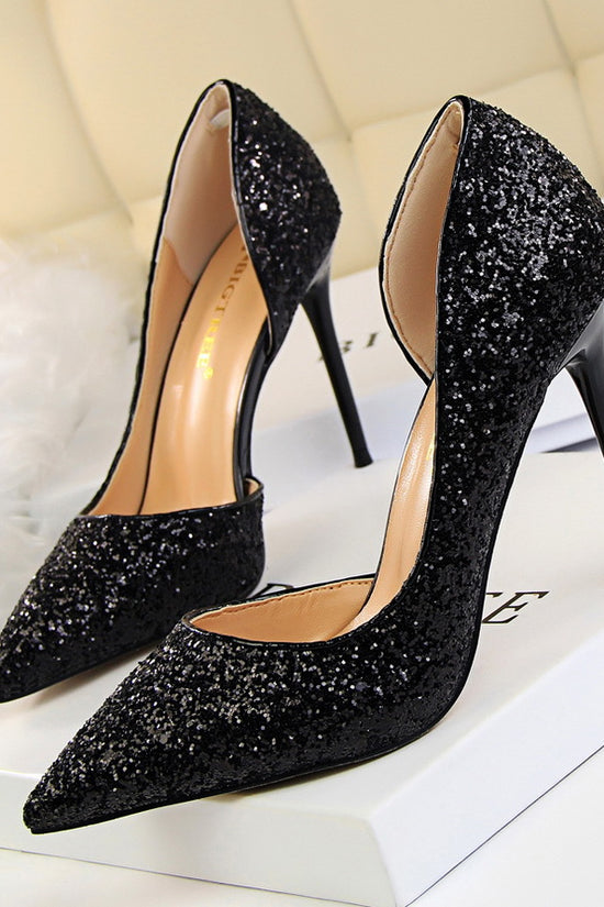 Skinny Women's Shoes Stiletto Heel Shallow Mouth Pointed Side Hollow-out Sequin
