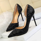 Skinny Women's Shoes Stiletto Heel Shallow Mouth Pointed Side Hollow-out Sequin - DanaFashionstore