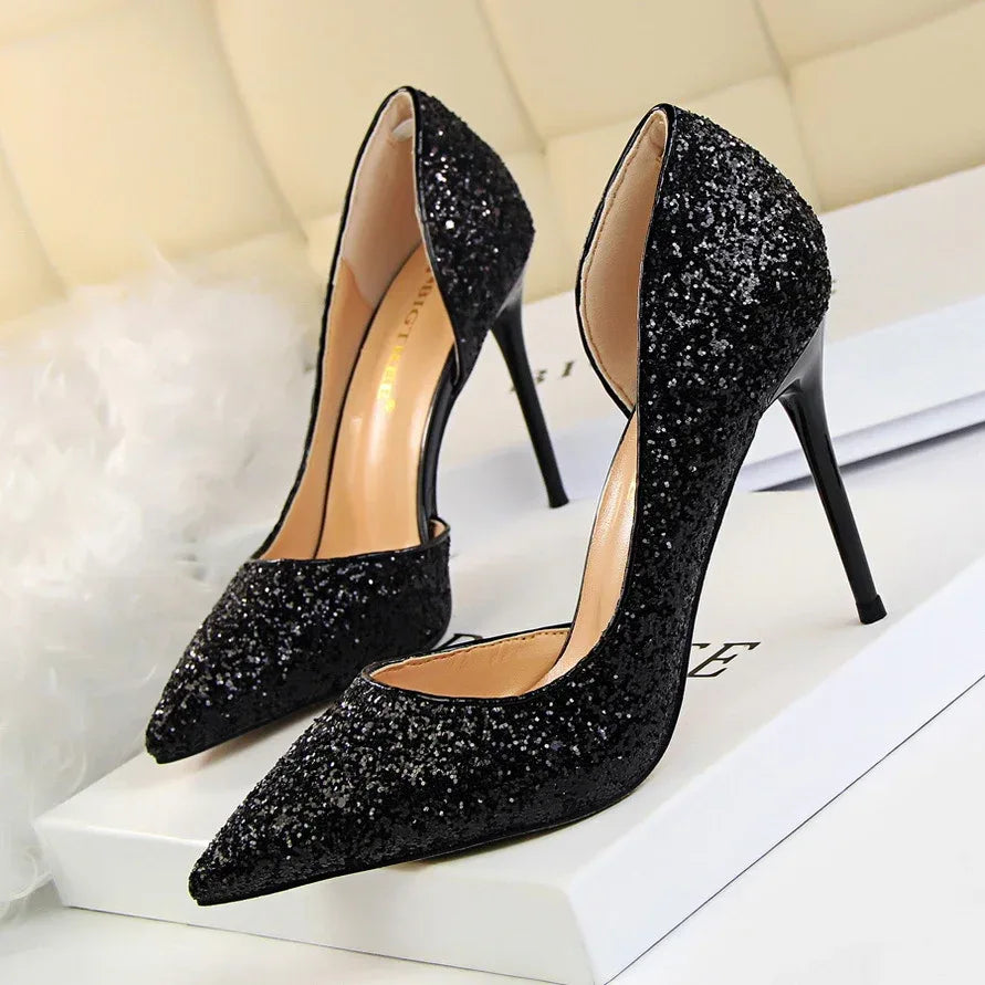 Skinny Women's Shoes Stiletto Heel Shallow Mouth Pointed Side Hollow-out Sequin - DanaFashionstore