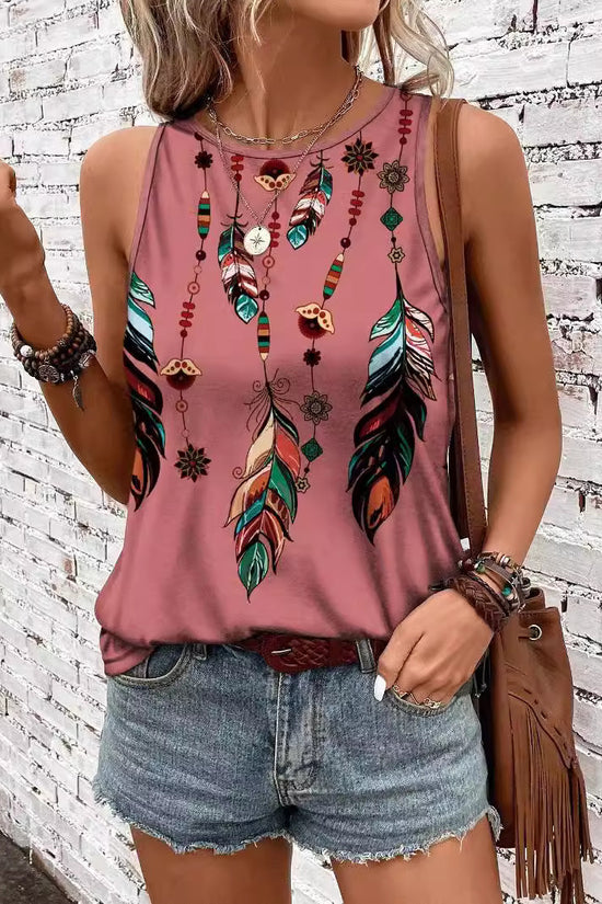 Women's Feather Print Vest Summer Print