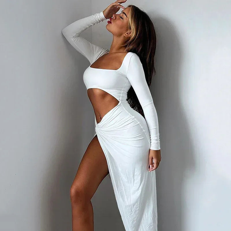 Womens Clothing Long Sleeve Dress Fashion Hollow U-neck Split Dress Party Wedding - DanaFashionstore