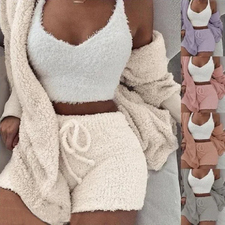 3pcs Womens Clothing Long Sleeve Crop Tank Top And Drawstring Shorts Pajama Set - DanaFashionstore