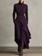 Women's Solid Color Cross-sleeve High-neck Dress - DanaFashionstore