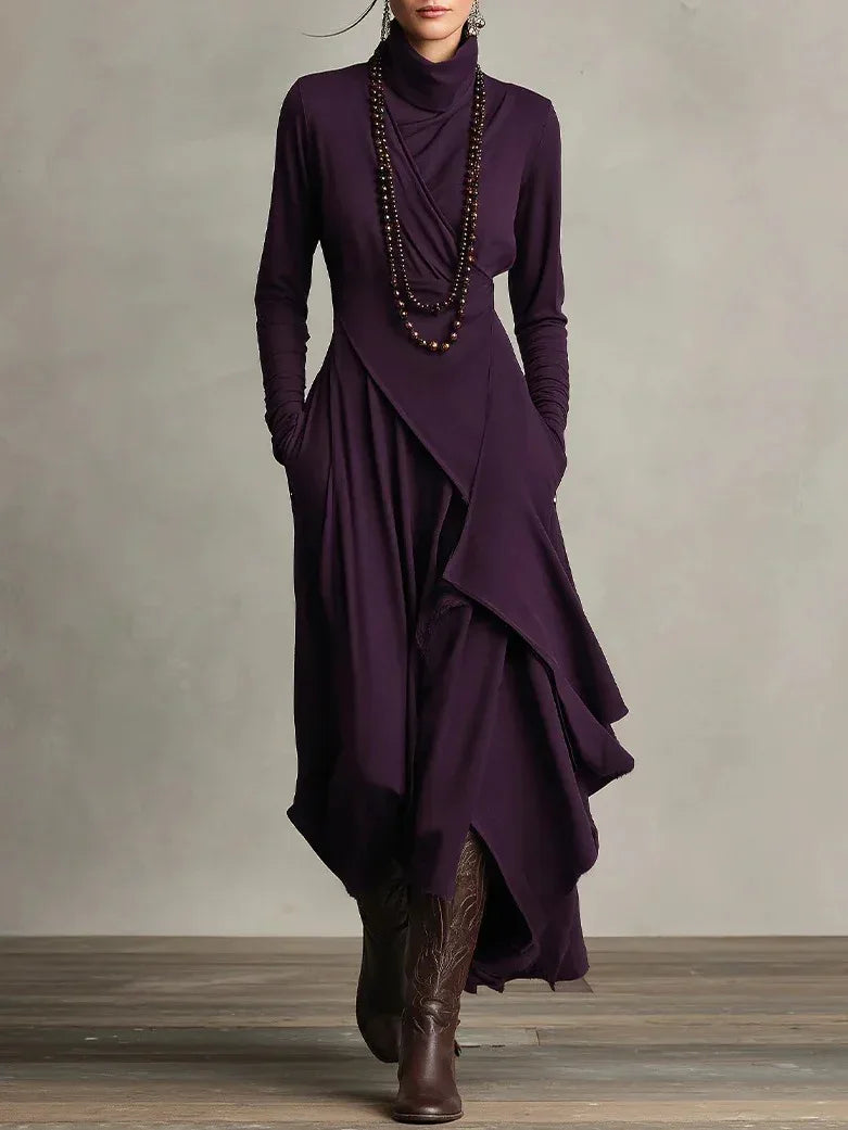 Women's Solid Color Cross-sleeve High-neck Dress - DanaFashionstore