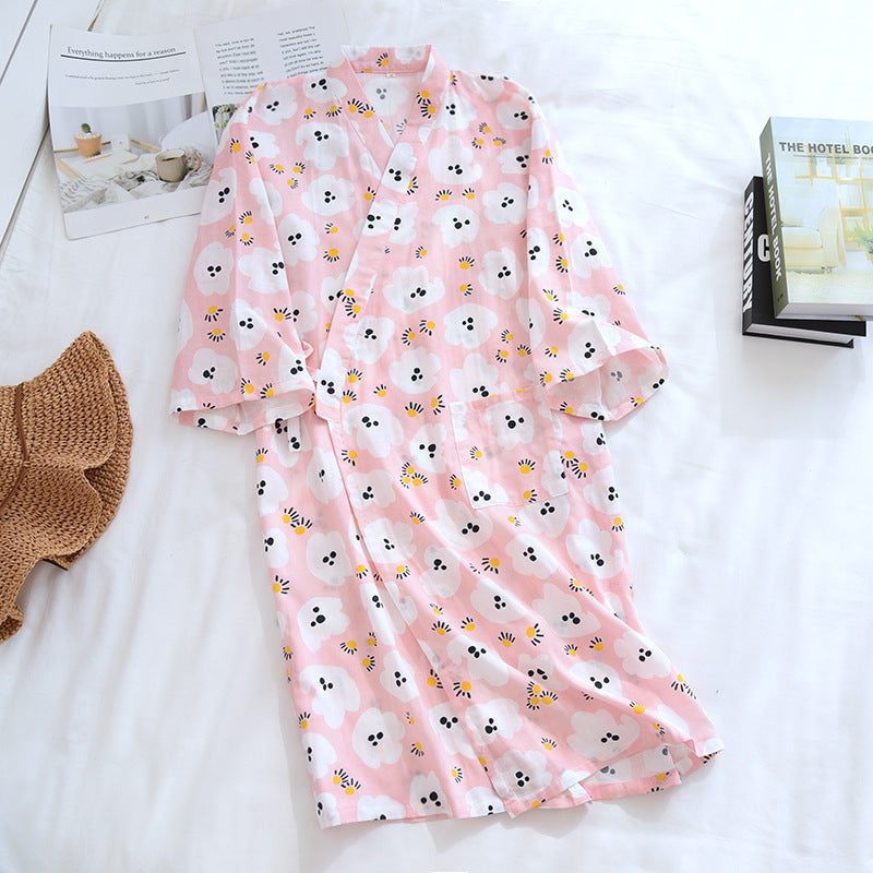 Women Bathrobe Nightdress Long Sleeve Nightgown Cotton Gauze - Dana Fashion