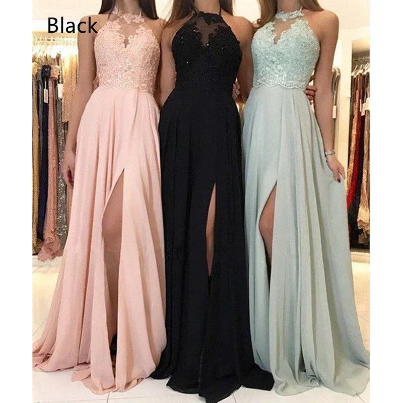 Halter Lace Chiffon Dress Prom Evening Dress Split Long Skirt - DanaFashionstore
