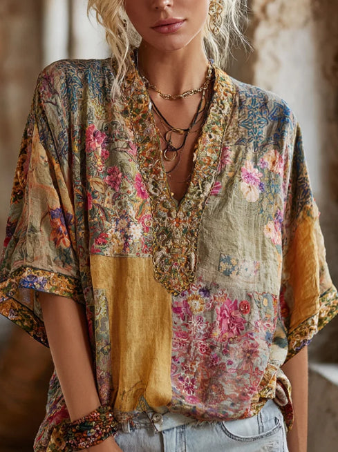 Flower Vintage Tie-dye V-neck Short-sleeve Shirt