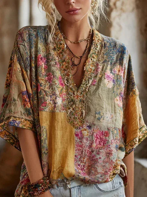 Flower Vintage Tie-dye V-neck Short-sleeve Shirt - DanaFashionstore