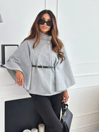 New Stand Collar Batwing Sleeves Cloak Top With Belt Ins Fashion Temperament Jacket Woolen Sweater Outwear For Women Clothing - DanaFashionstore