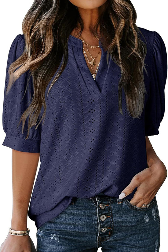 Women's Summer Business Casual Blouse V-neck Short Sleeve Shirt