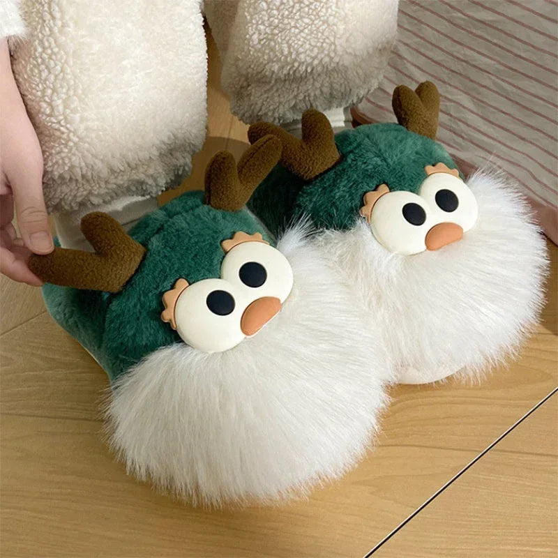 Cute Cartoon Christmas Deer Cotton Shoes Winter Indoor Floor Home Slippers Half-covered Heel Warm Plush Shoes Women - DanaFashionstore