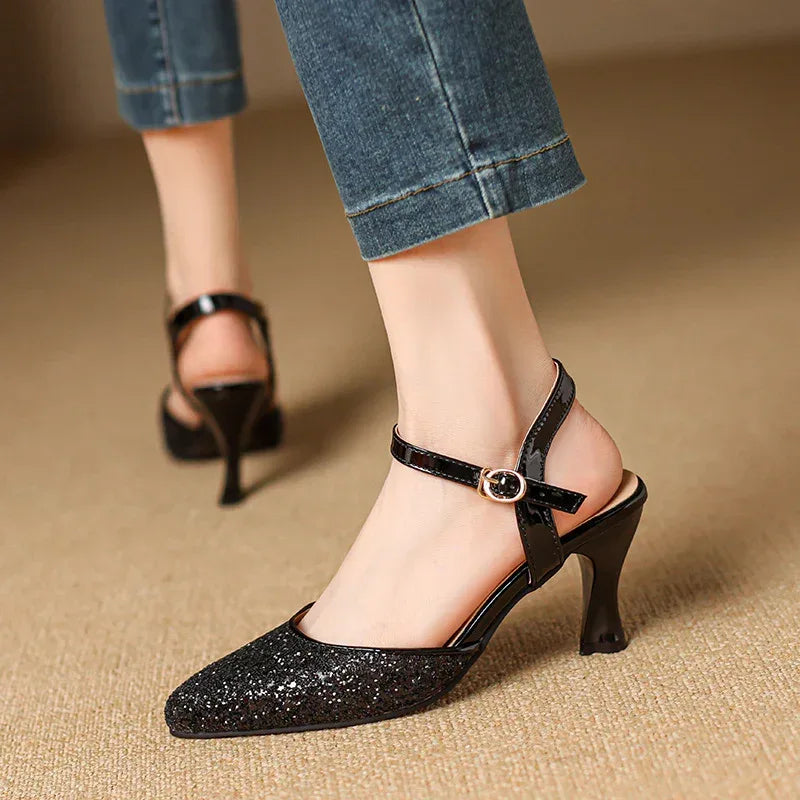 Closed Toe Back Empty Ankle-strap Buckle Sandals Women's Silver High Heel - DanaFashionstore