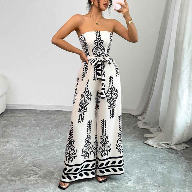 Women's Wide-leg Slim Fit Tied Printed Jumpsuit