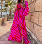 New women''s V-neck short sleeve printed long dress