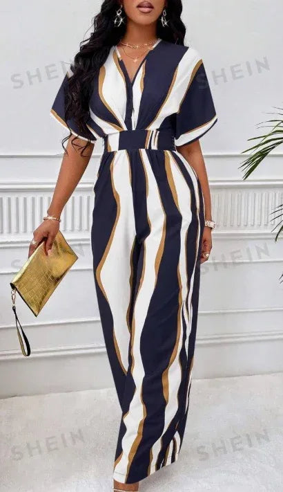 Print V-Neck Batwing Sleeve Jumpsuit 2026 - Casual Loose Jumpsuit - DanaFashionstore
