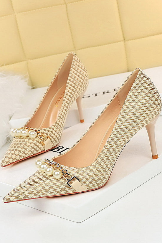 Shallow Mouth Pointed Pearl Chain Plaid Women's Single Shoes
